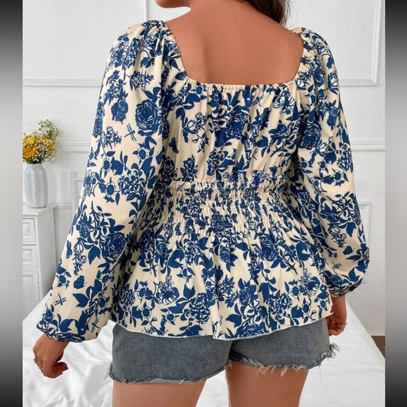 Boho black floral print square lantern sleeve blouse - Picture 10 of 15